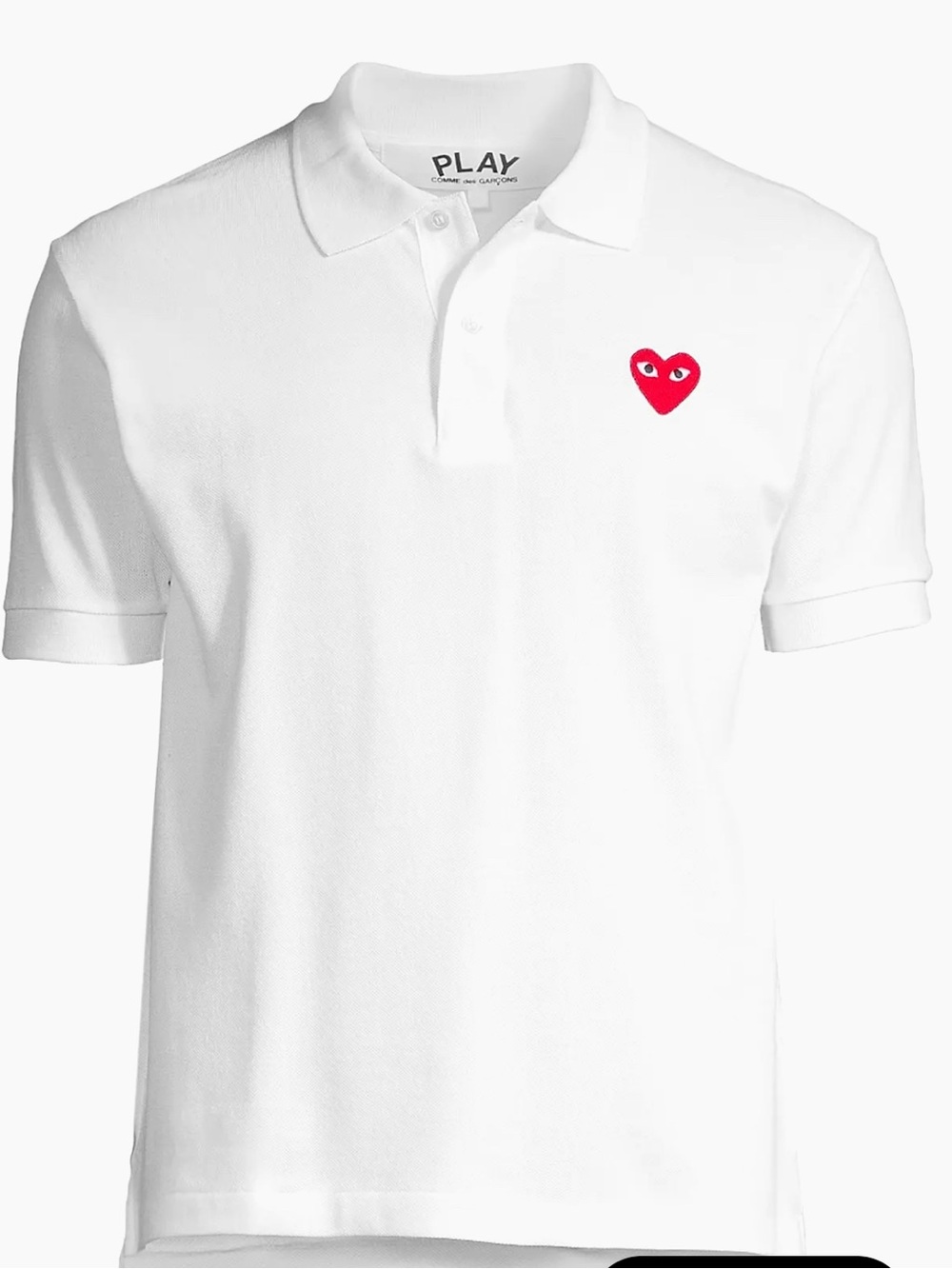 Comme des Garçons 🆕 ‘PLAY’ Heart Appliqué Polo Shirt in White. Unisex Sz Large 🔥